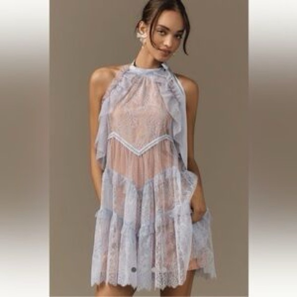 Anthropologie Dress Size Medium Lavender Lace Halter Neck Tiered Mini Coquette